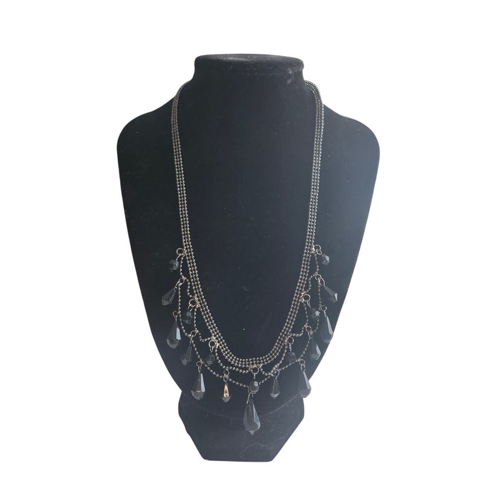 Liz Claiborne Black Faceted Acrylic Drop Necklace Gunmetal Chain Boho Statement - Picture 2 of 8